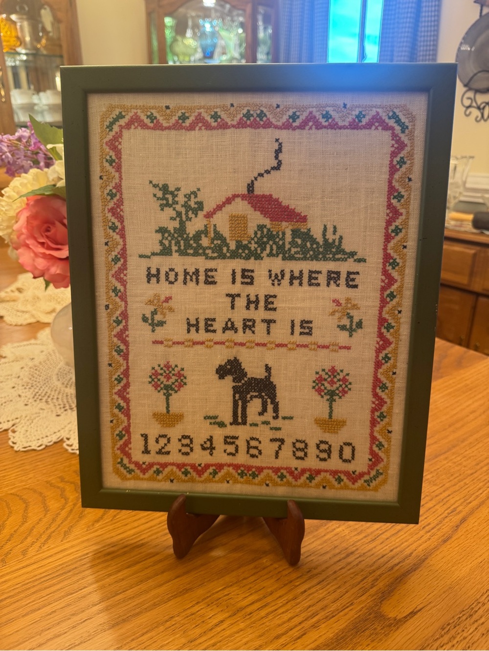 Framed Cross-Stitch Sampler - Green Frame, Multicolor Stitch, 14x11.5in - Picture 3 of 4